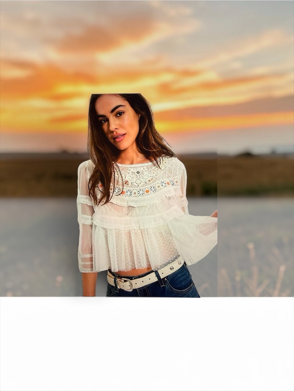 Free People Women's White Lace & Sheer Peasant Blouse